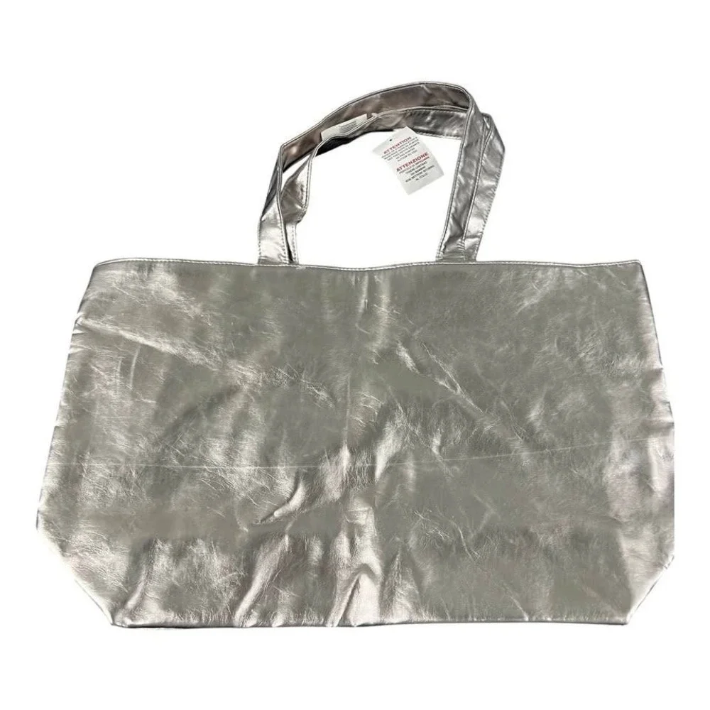 Disney Parks Large Silver Tote Bag Mickey Mouse Faux Leather w/Mickey Lining